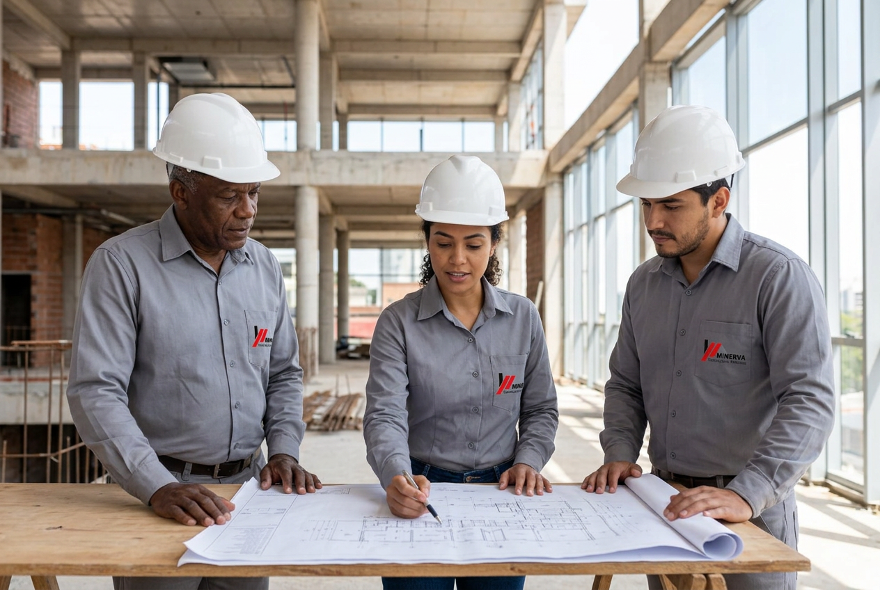 Equipe em uniformes da Minerva analisando um projeto de construção — imagem ilustrativa